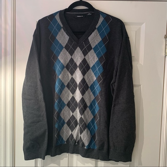 Claiborne V Neck Sweater Mens 2XL Charcoal Blue Long Sleeve Argyle Knit Pullover - Picture 1 of 9